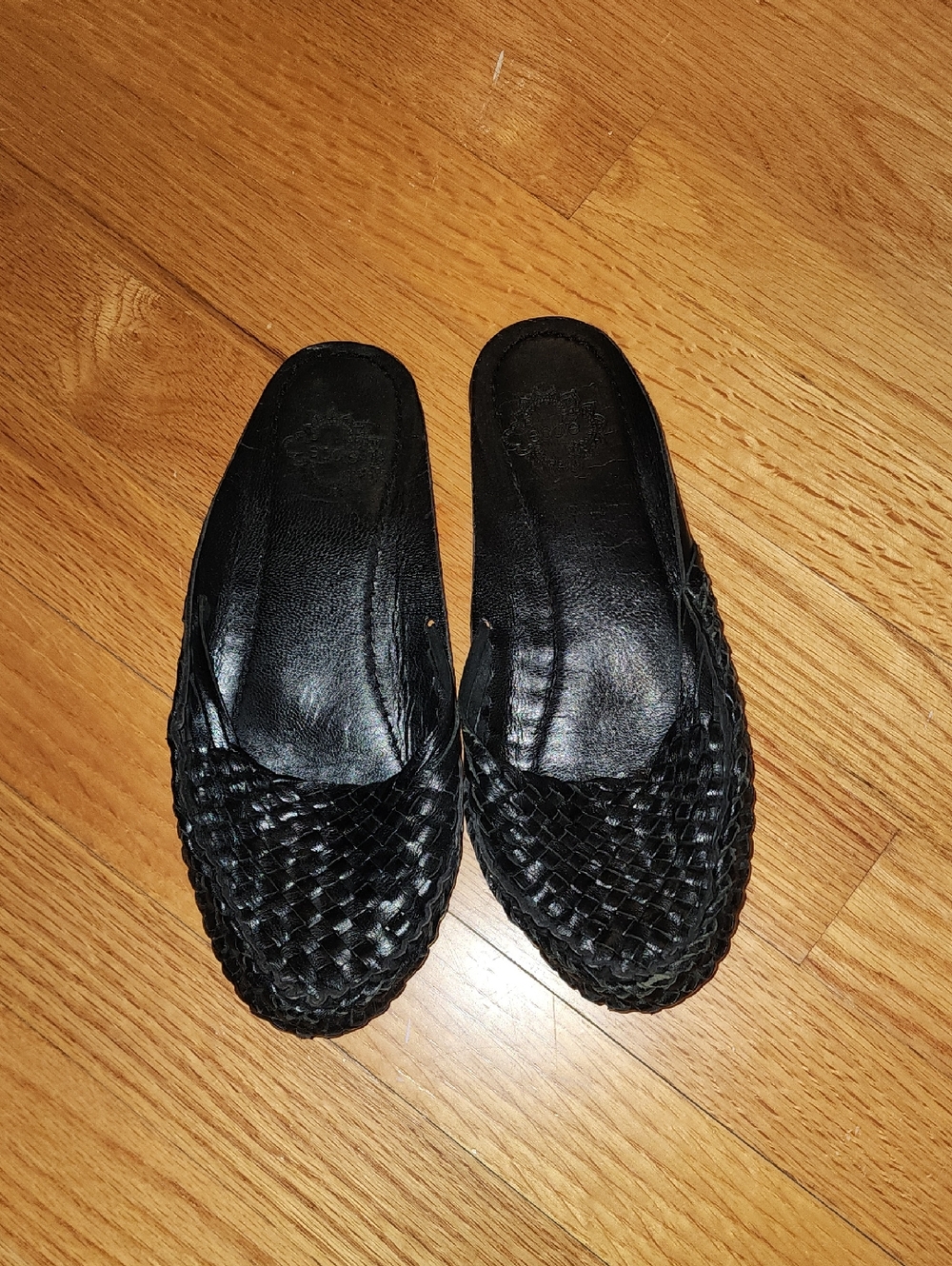 Black Leather Woven Slip-On Women's Mules